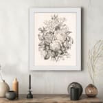 Infidu Vintage Black & White Floral Sketch Wall Art featuring intricate floral design with rich texture and shading. displayed on the wall