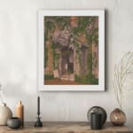 Cozy house with ivy and blooming vines, vintage wall art with soft beige walls, a chair, a table, and purple flowers. displayed on the wall