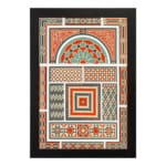 Infidu Vintage Wall Art with intricate geometric patterns in red, orange, beige, teal, and green, featuring symmetrical and decorative designs. hung on the wall