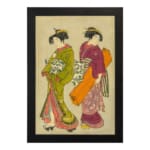 Vintage Japanese wall art with two women in traditional kimonos, featuring rich colors, fine details, and a soft beige background in a black frame. hung on the wall