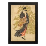 Vintage Japanese wall art of a woman in a kimono with floral patterns, set against a soft green and beige background. hung on the wall