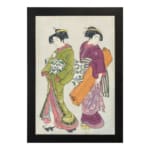 Vintage Japanese wall art with two women in kimonos, detailed patterns, and soft, rich colors. hung on the wall