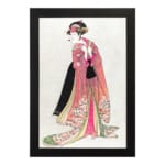 Vintage Japanese wall art of a woman in a floral kimono with intricate details, inspired by traditional woodblock prints. hung on the wall