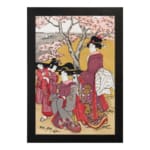 Vintage Japanese wall art with elegantly dressed women in kimonos, intricate patterns, and cherry blossom trees in a serene setting. hung on the wall in a black frame
