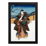Vintage Japanese warrior in snowy landscape with rich colors, traditional robe details, and floral vintage art elements. hung on the wall
