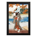 Vintage Japanese wall art with a woman in a kimono near a river, detailed autumn leaves, and a serene landscape in classic Ukiyo-e style. hung on the wall