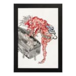 Vintage horror wall art of a red phantom with spiky hair over a black coffin, featuring a traditional Asian style with bold red, black, and white tones. hung on the wall