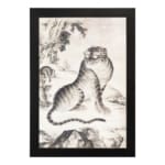 Vintage Asian tiger painting in black and white, featuring bold stripes, expressive eyes, and a natural background with trees and mountains. hung on the wall