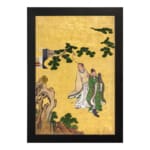 Vintage Asian wall art with two figures in traditional robes under a pine tree, set against a golden background with delicate brushwork. hung on the wall