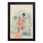 Vintage wall art of a woman in a pink dress sitting on a swing with a scenic landscape, framed in black for a classic and elegant look. hung on the wall