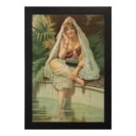 Vintage wall art of a woman sitting by a peaceful pool, surrounded by tropical plants, wearing traditional attire with a headscarf and jewelry. hung on the wall