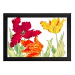 Vintage floral wall art with red, orange, and yellow tulips, green leaves, and a black frame on a white background. hung on the wall