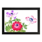 Vintage floral wall art featuring red, pink, and purple flowers with green leaves, framed in black for a classic finish. hung on the wall