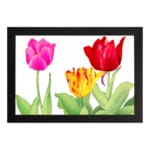 Infidu Vintage Floral Wall Art with pink, red, and yellow tulips, green leaves, and a black frame on a white background. hung on the wall
