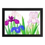 Vintage floral wall art with purple, blue, and pink flowers, green leaves, and a black frame on a white background. hung o the wall