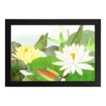 Vintage floral wall art with water lilies and green leaves, framed in black for a classic and elegant touch. hung on the wall