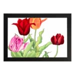 Vintage floral wall art with red, pink, and orange tulips, green leaves, and a black frame on a white background. hung on the wall