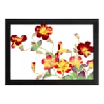 Vintage floral wall art with red, yellow, and orange flowers, green leaves, and a black frame on a white background. hung on the wall