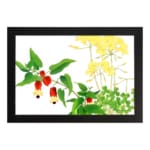 Vintage floral wall art featuring red and yellow flowers with green leaves on a white background, framed in black for a classic and elegant look. hung on the wall