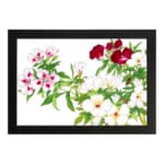 Infidu Vintage Floral Wall Art with white, pink, and red flowers, green leaves, and a black frame on a white background. hung on the wall