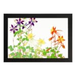 Infidu Vintage Floral Wall Art with purple, yellow, and orange flowers, green leaves, and a black frame on a white background. hung on the wall