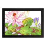 Vintage floral wall art with a pink water lily, purple flowers, and green leaves on a white background, framed in black for a classic look. hung on the wall