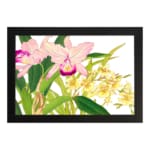 Vintage floral wall art with pink and yellow flowers, green leaves, and a black frame on a white background. hung on the wall