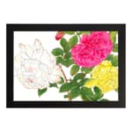 Vintage floral wall art with pink, yellow, and white roses, green leaves, and a black frame on a white background. hung on the wall