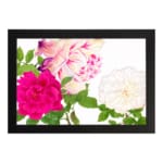 Infidu Vintage Floral Wall Art with pink, cream, and white flowers, green leaves, and a black frame on a white background. hung on the wall.