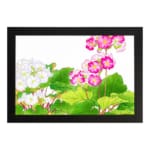 Vintage floral wall art featuring pink and white flowers with green leaves on a white background, framed in black for a stylish and elegant look. hung on the wall