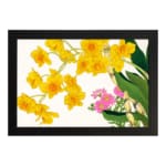 Infidu Vintage Floral Wall Art with yellow and pink flowers, green leaves, and a black frame on a white background. hung on the wall.