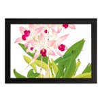 Vintage floral wall art with soft pink orchids, dark pink centers, green leaves, and a black frame on a white background. hung on the wall.