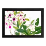 Vintage floral wall art with white and pink orchids, green leaves, and a black frame for an elegant and classic look. hung on the wall