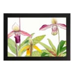 Vintage orchid wall art featuring purple, pink, and yellow flowers with green leaves on a white background. hung on the wall on a white background