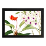 Infidu Vintage Floral Wall Art with white flowers, purple centers, and an orange flower, set against a white background with green leaves. hung on the wall on a white background