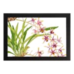 Infidu Vintage Orchid Floral Wall Art with white, pink, and purple orchids, yellow centers, and green leaves on a white background. hung on the wall on a white background