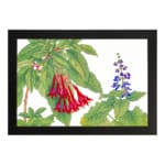Infidu Vintage Botanical Wall Art with red and blue flowers, green leaves, and a black frame on a white background. Classic floral vintage art. hung on the wall