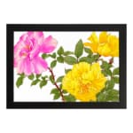 Infidu Vintage Botanical Wall Art with pink and yellow flowers, green leaves, and a black frame on a white background. hung on the wall