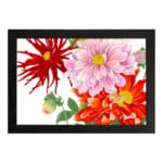 Vintage floral wall art with red, pink, and orange flowers, green leaves, and a white frame on a white background. hung on the wall