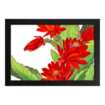 Vintage floral wall art with bold red flowers and green leaves on a white background, framed in black for a classic and stylish touch. hung on the wall