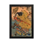 Infidu vintage wall art featuring a traditional Japanese figure in intricate, colorful attire holding a fan, with soft beige tones and flowing blue waves in the background. hung on the wall on a white background