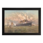 Vintage maritime wall art featuring a large ship, lighthouse, and sailboats on the ocean with a classic nautical theme and elegant white frame. hung on the wall