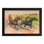 Vintage horse racing wall art with jockeys riding on a dirt track, surrounded by a countryside landscape with a farmhouse, framed in black. hung on the wall