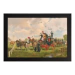 Vintage wall art with a horse-drawn carriage, people, green fields, and a soft blue sky. A historical countryside scene framed in black. hung on the wall