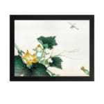 Infidu vintage wall art featuring a detailed botanical design with green leaves, bright yellow flowers, and a delicate dragonfly hovering above, set against a light background. hung on the wall on a white background