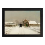 Vintage winter wall art with a snowy village, stone houses, and a black horse-drawn carriage on a snow-covered road, framed in black. hung on the wall