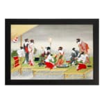 Vintage Japanese wall art with geishas in a tea ceremony, featuring red, white, black, and green tones in a serene outdoor setting with a black frame. hung on the wall
