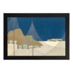 Vintage abstract wall art with a minimalist landscape design, featuring deep blue, beige, and brown tones in geometric shapes with a black frame. hung on the wall