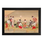 Vintage Japanese wall art with elegantly dressed kimono women in red, white, and beige tones, set in a calm scene with a soft beige background. hung on the wall
