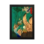 Vintage Asian-style mountain wall art with bold green hills, waterfalls, trees, and traditional red stamp. hung on the wall